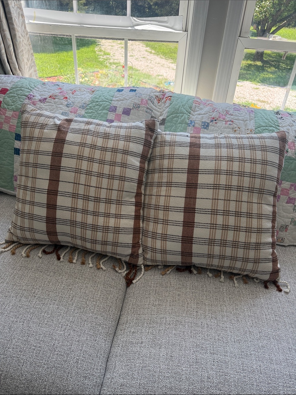 Threshold Plaid Fringe Accent Pillows in Cream and Brown (Pair)